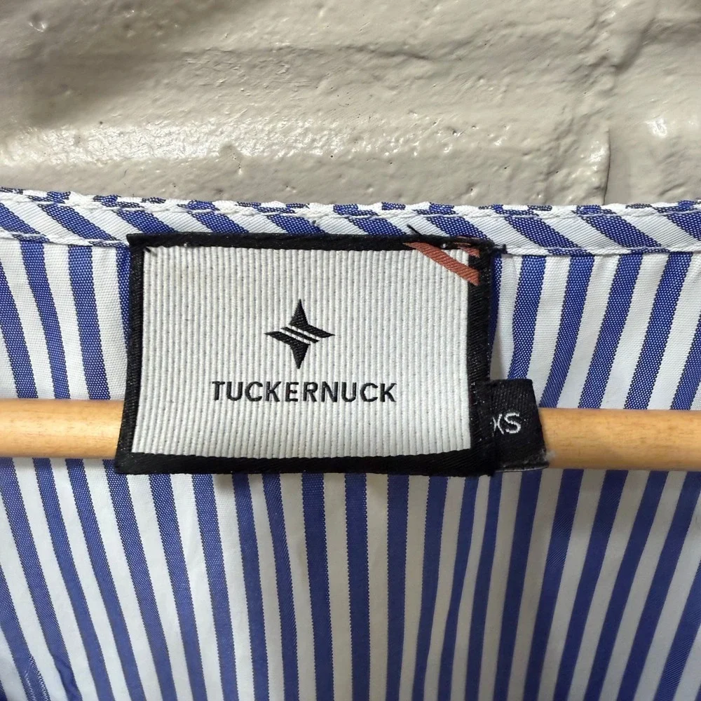 Tuckernuck‎ Easton Smocked Ruffle Top Blue White Striped Puff XS Preppy Coastal